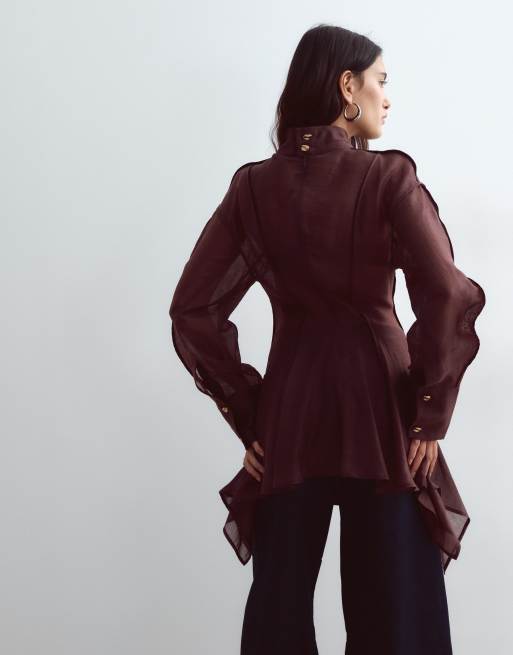 ARRANGE dome sleeve seam detail organza top with button down back in chocolate, 4 of 4