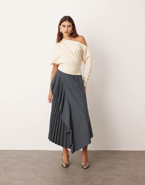 ARRANGE tailored pleat mix skirt in grey marl
