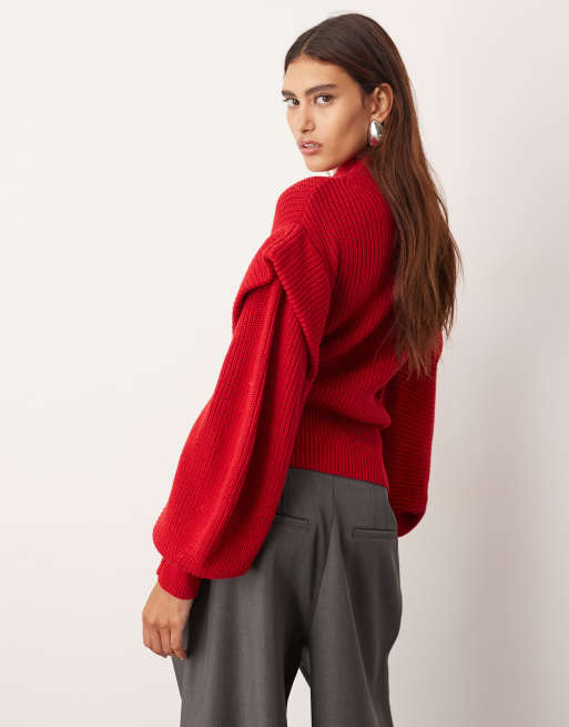 ARRANGE – Dopasowany czerwony dzianinowy sweter z ozdobnymi ramionami, 4 z 4