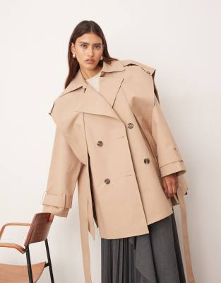 Arrange Double Breasted Cropped Trench Coat With Cape Detail In Brown
