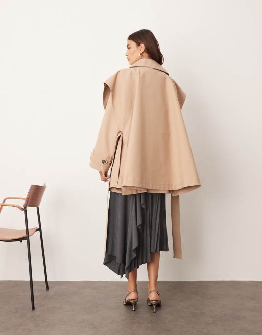 ARRANGE double breasted cropped trench coat with cape detail in tan