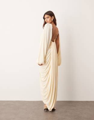 ARRANGE ARRANGE drape midi dress with balloon sleeve and hardware detail in buttermilk-White