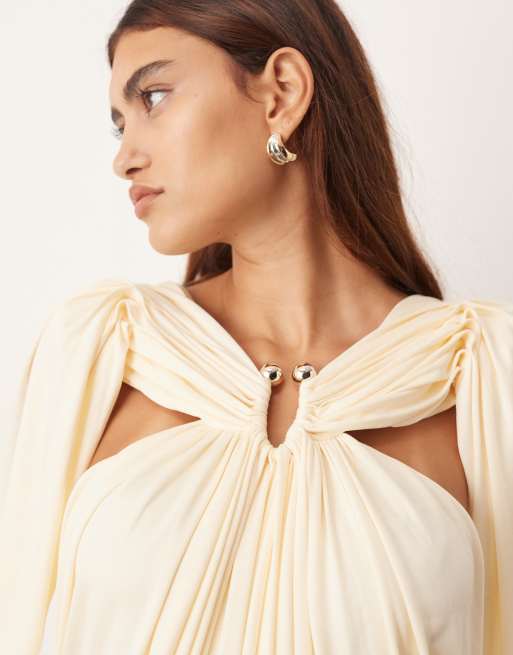 ARRANGE drape midi dress with balloon sleeves and hardware detail in buttermilk