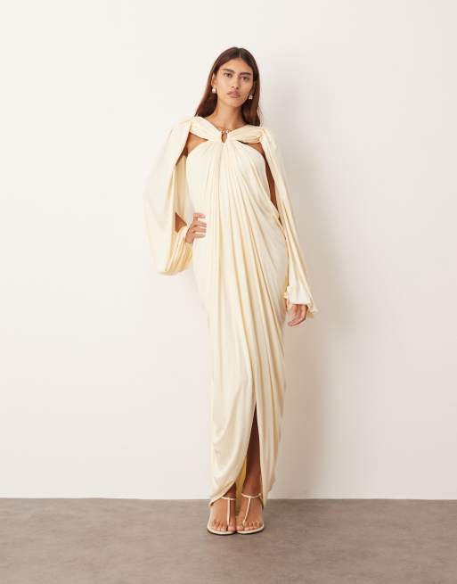 ARRANGE drape midi dress with balloon sleeves and hardware detail in buttermilk