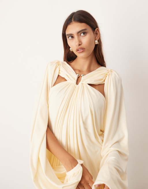 ARRANGE drape midi dress with balloon sleeves and hardware detail in buttermilk