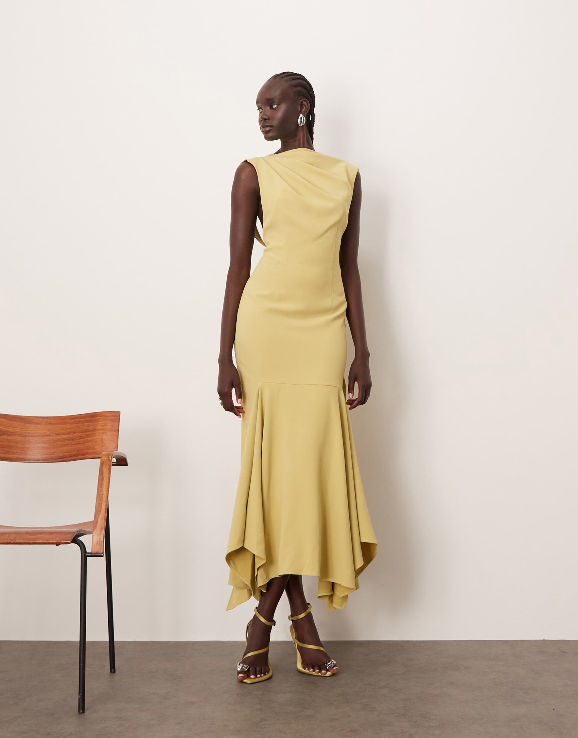 arrange drape neck square hem open back midi dress with trim detail in light olive