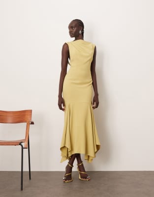 Arrange Drape Neck Square Hem Open Back Midi Dress With Trim Detail In Green