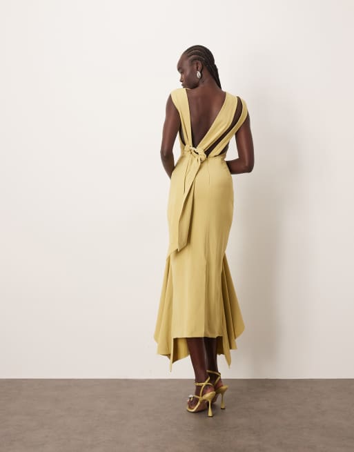 ARRANGE drape neck square hem open back midi dress with trim detail in light olive
