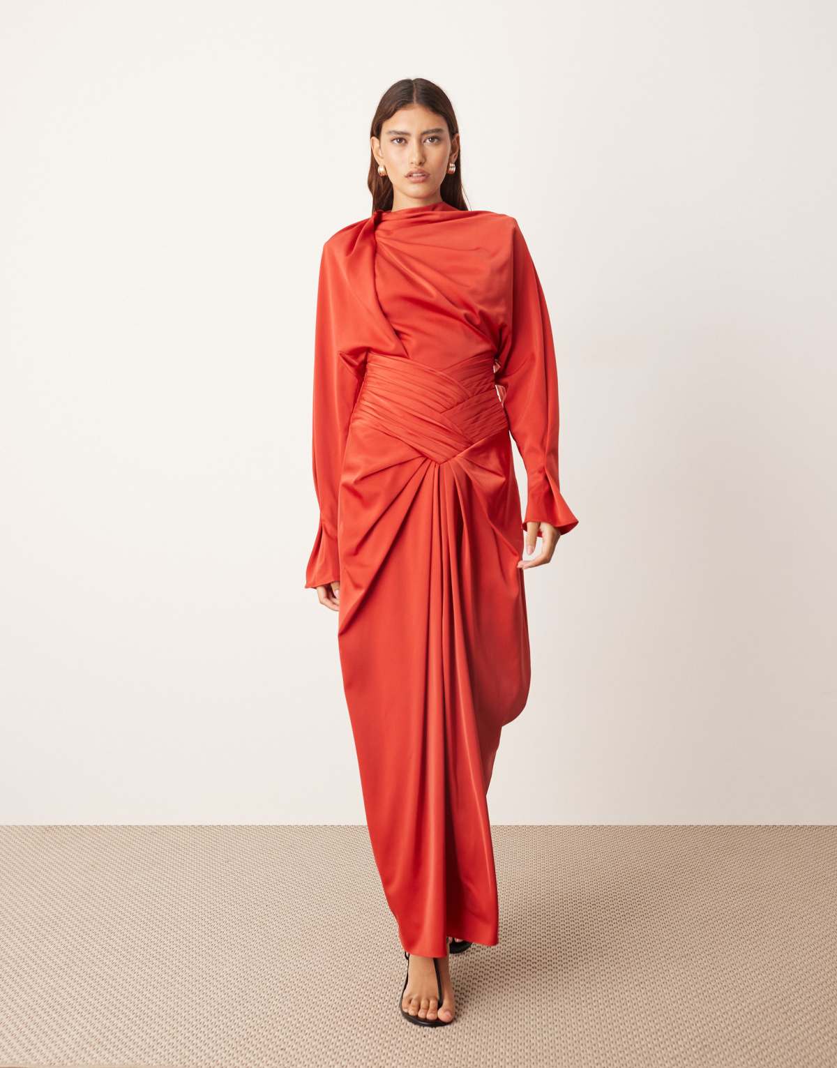 ARRANGE drape neck strong shoulder maxi dress with open back in red