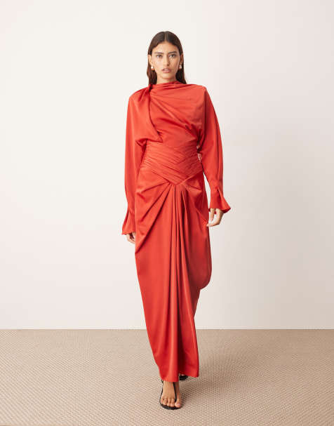 ARRANGE drape neck strong shoulders maxi dress with open back in red - view 1