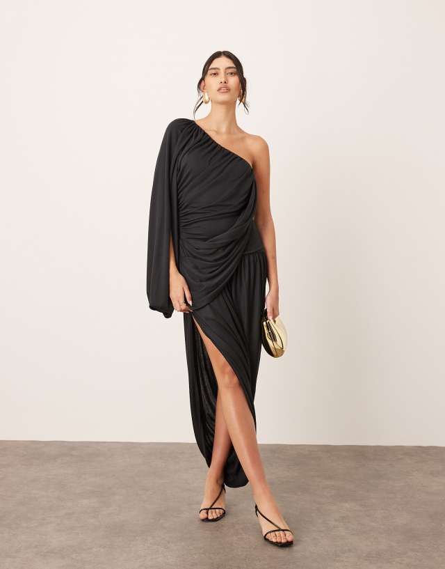 black dress drape ARRANGE One Shoulder Maxi with tulip skirt in allessentialsw26 Size:32W X 30L Imported * Washing Instructions Dark Green Backless Dress