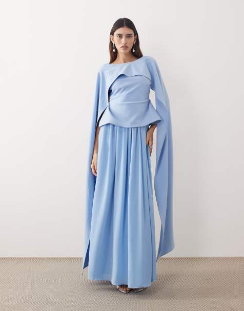 ARRANGE drape shoulder layered pleated maxi dress in pale blue