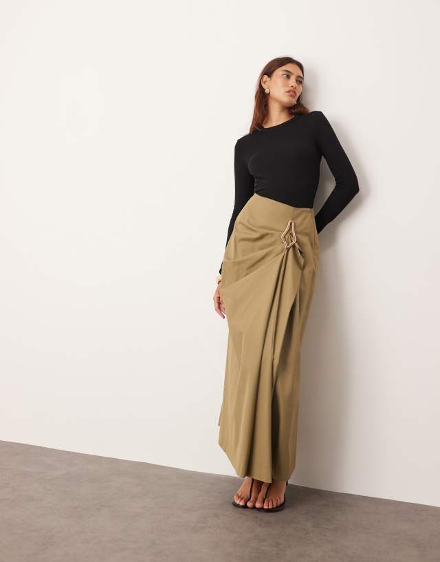 ARRANGE drape structured maxi skirt with metal trim in camel | ASOS