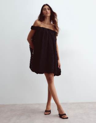 Arrange Draped Back Trapeze Textured Bardot Mini Dress In Black
