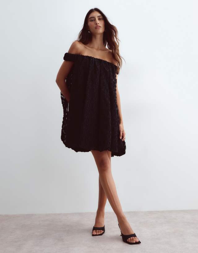 ARRANGE draped back trapeze textured bardot mini dress in black