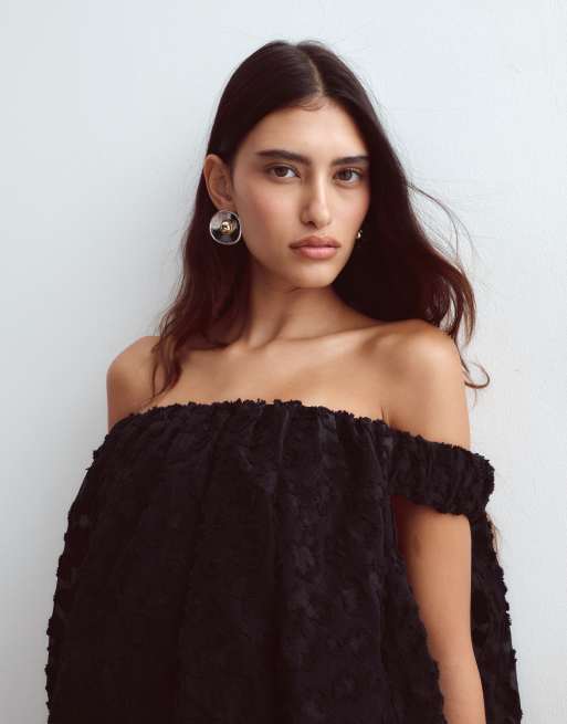 ARRANGE draped back trapeze textured bardot mini dress in black, 2 of 4