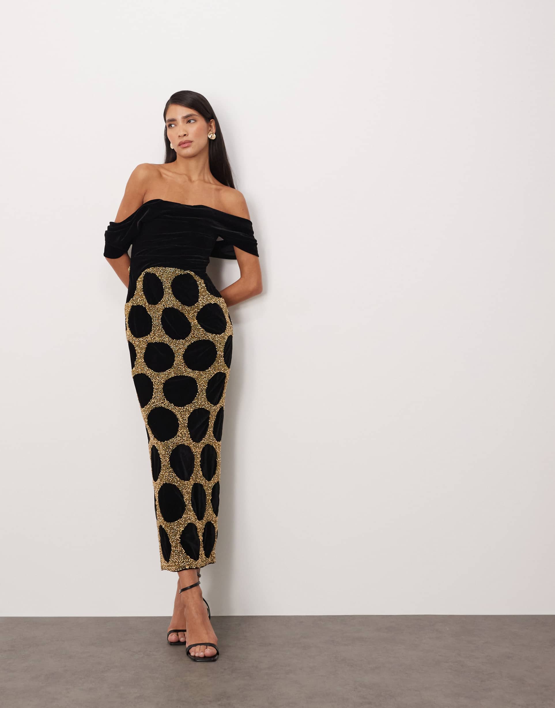 arrange draped bardot embellished spot midi dress in black