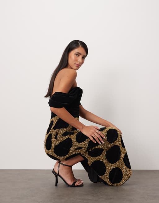 ARRANGE draped bardot embellished spot midi dress in black, 3 of 4