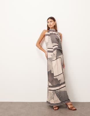 ARRANGE ARRANGE draped cowl halter maxi dress in scarf print-Multi