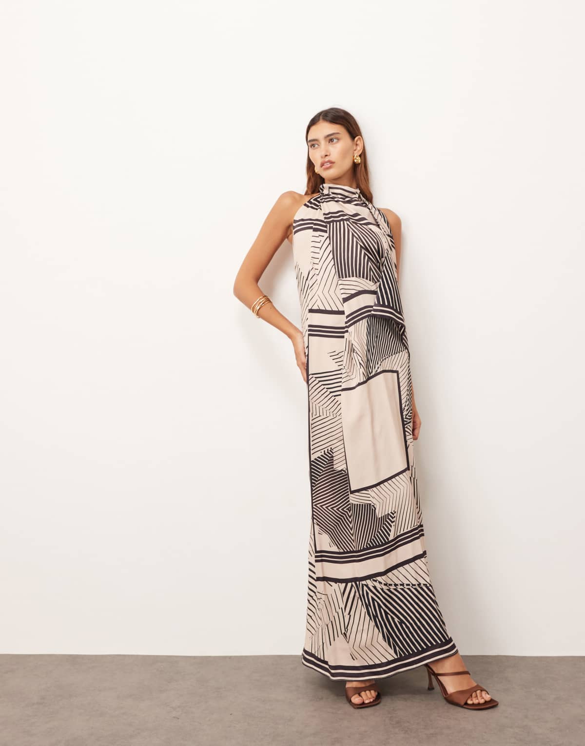ARRANGE draped cowl halter maxi dress in scarf print