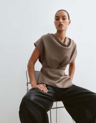 Arrange Draped Cowl Neck Top With Asymmetric Hem In Brown