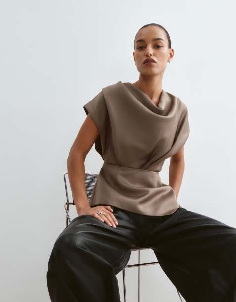 ARRANGE draped cowl neck top with asymmetric hem in chocolate