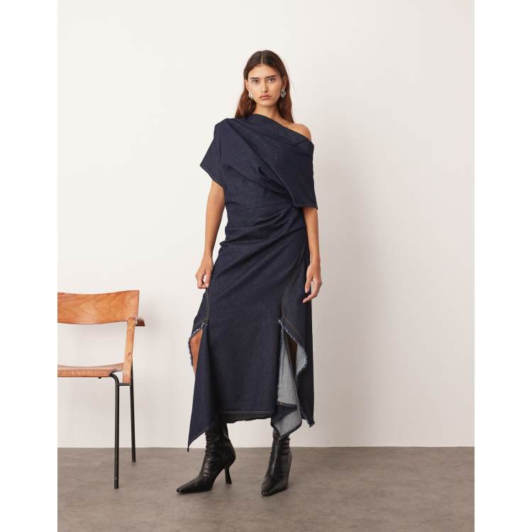 ARRANGE draped denim maxi dress in indigo