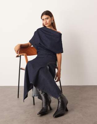 Arrange Draped Denim Maxi Dress In Blue