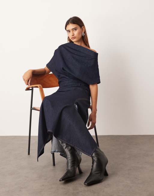 ARRANGE draped denim maxi dress in indigo