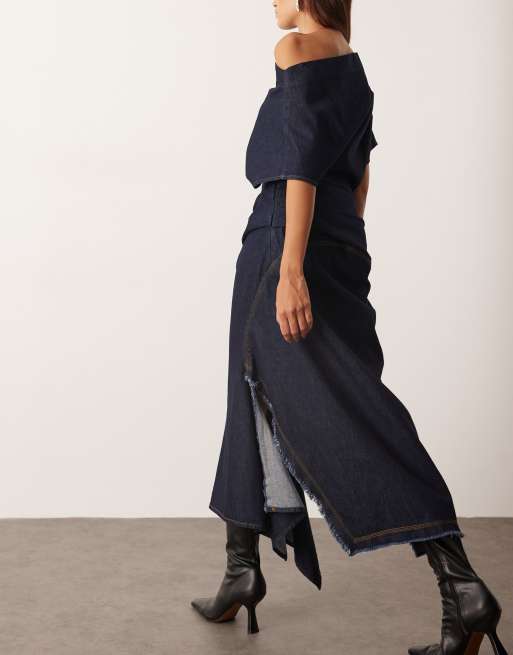 ARRANGE draped denim maxi dress in indigo