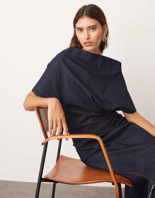 ARRANGE draped denim maxi dress in indigo