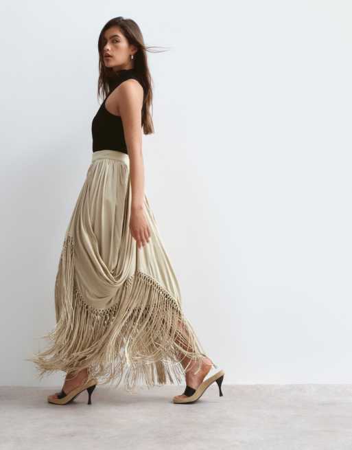 ARRANGE draped fringe hem maxi skirt in soft khaki, 3 of 4