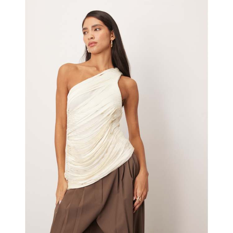 ARRANGE draped fringe one shoulder top in winter white | ASOS