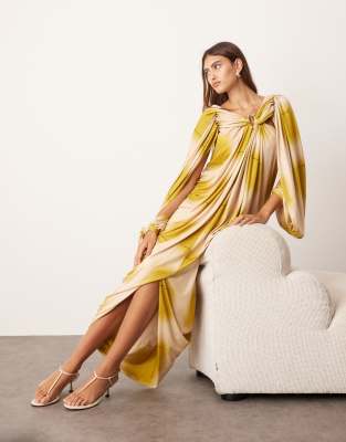 Arrange Draped Midi Dress With Balloon Sleeve And Hardware Detail In Multi