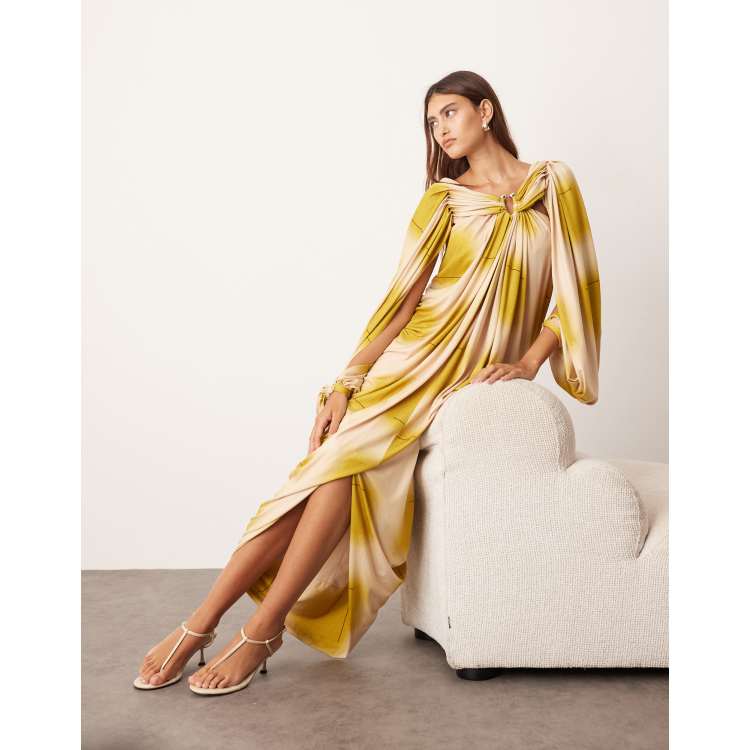 draped midi dress with sleeves Pink Crepe Draped Midi Dress with dramatic cape sleeves  shopaleena
