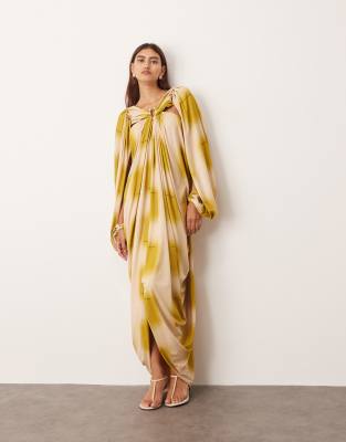 Arrange Draped Midi Dress With Balloon Sleeve And Hardware Detail In Multi