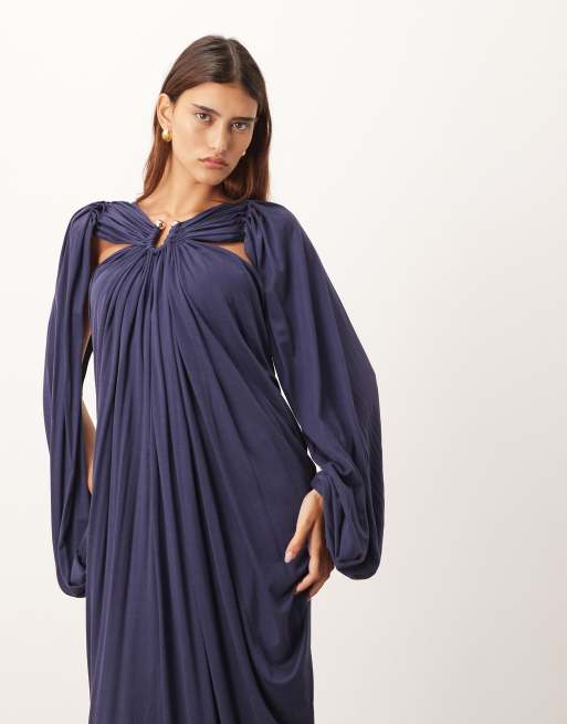 ARRANGE draped midi dress with balloon sleeves and hardware detail in navy