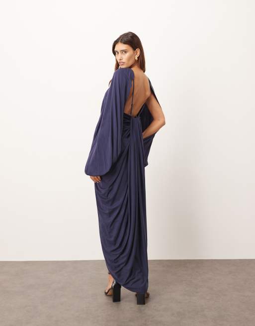 ARRANGE draped midi dress with balloon sleeves and hardware detail in navy