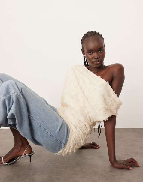 ARRANGE draped off shoulder top in texture in cream - view 1