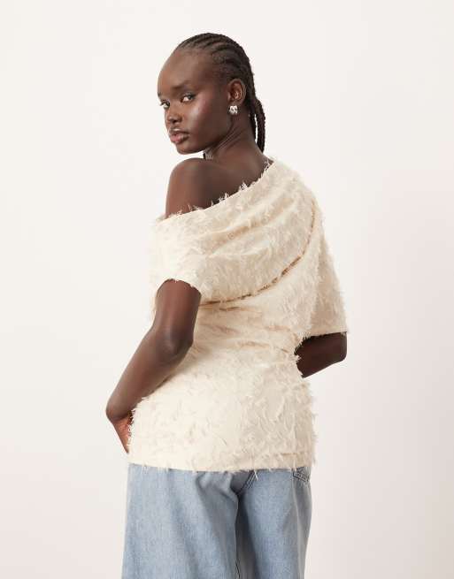 ARRANGE draped off shoulder top in texture in cream, 3 of 4