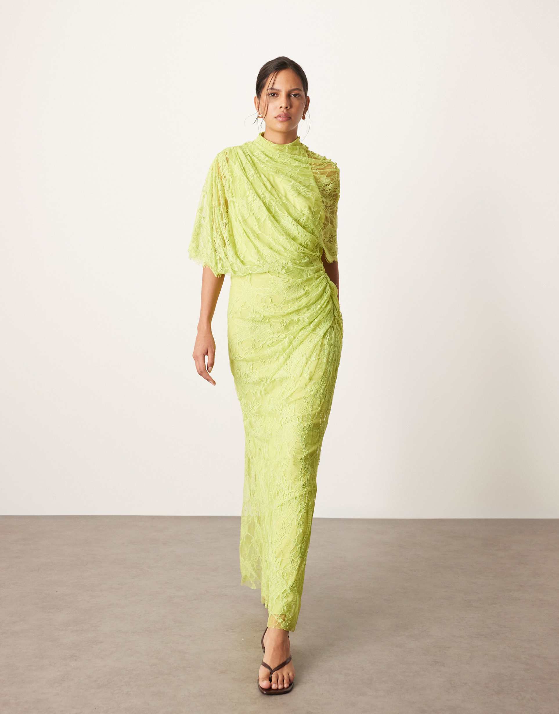 arrange draped shoulder lace maxi dress chartreuse
