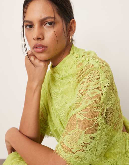 ARRANGE draped shoulder lace maxi dress chartreuse