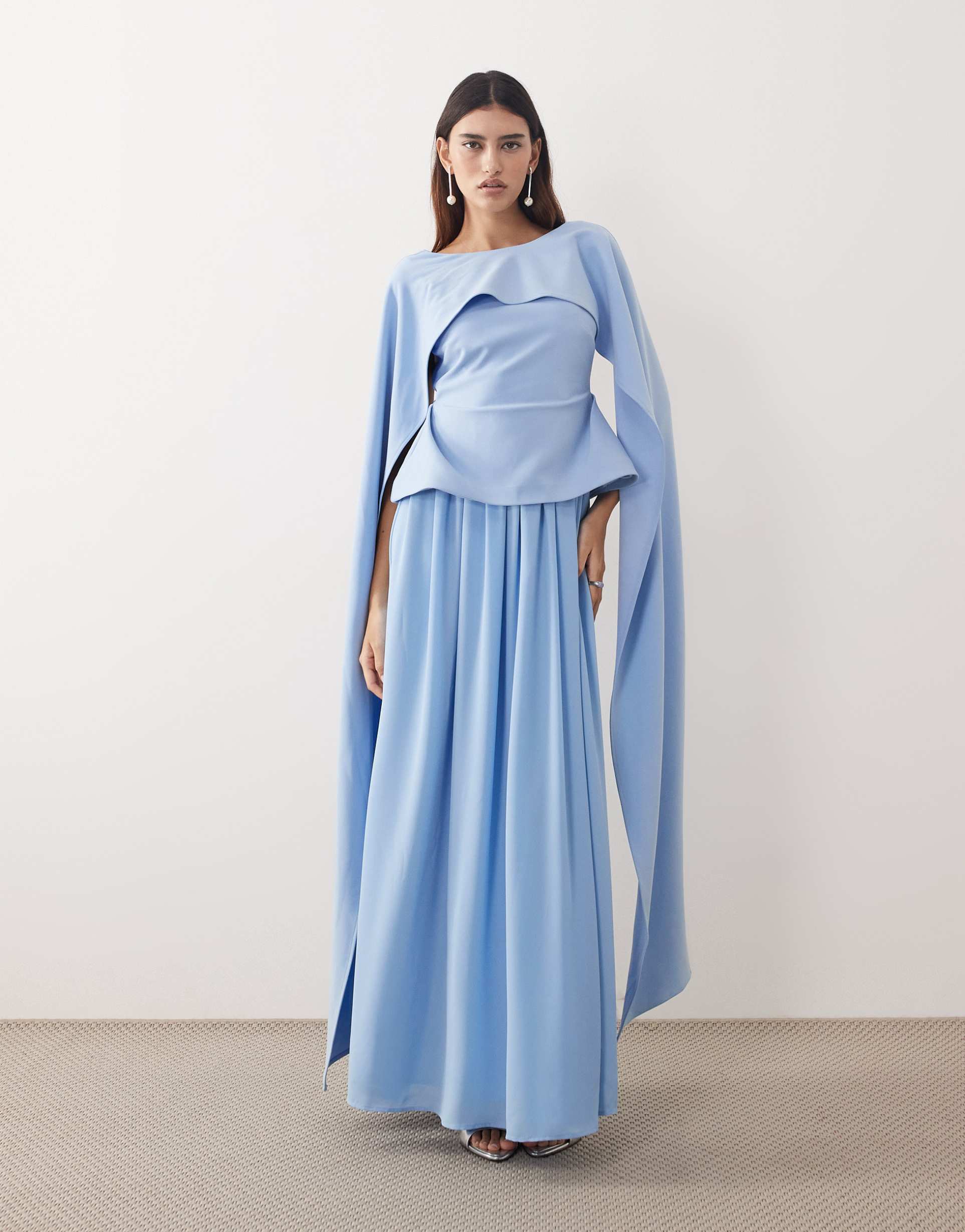 arrange draped shoulders layered pleated maxi dress in pale blue