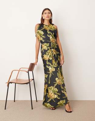 ARRANGE - Drapiertes Maxikleid mit Blumenprint, Ärmelschlitzen und Metallbesatz-Bunt