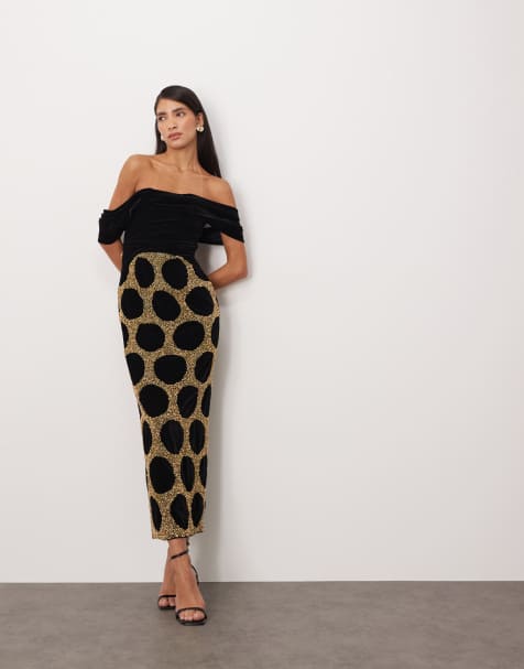 ARRANGE – Drapiertes Midikleid in Schwarz mit verziertem Punktemuster und Carmen-Ausschnitt - view 1