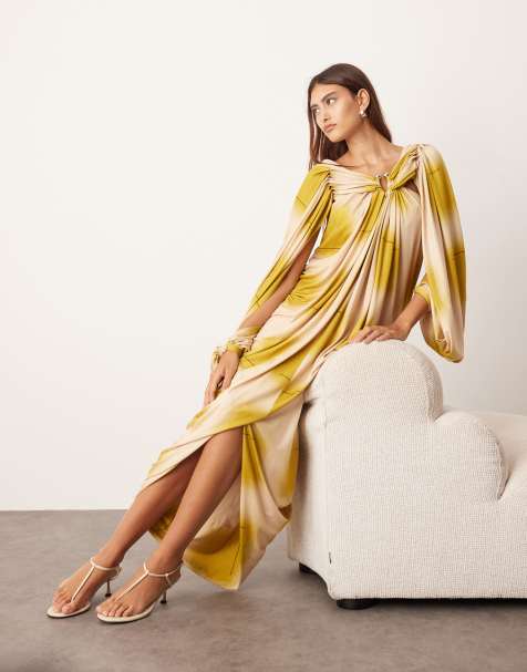ARRANGE drape midi dress with balloon sleeve and hardware detail in blurred print