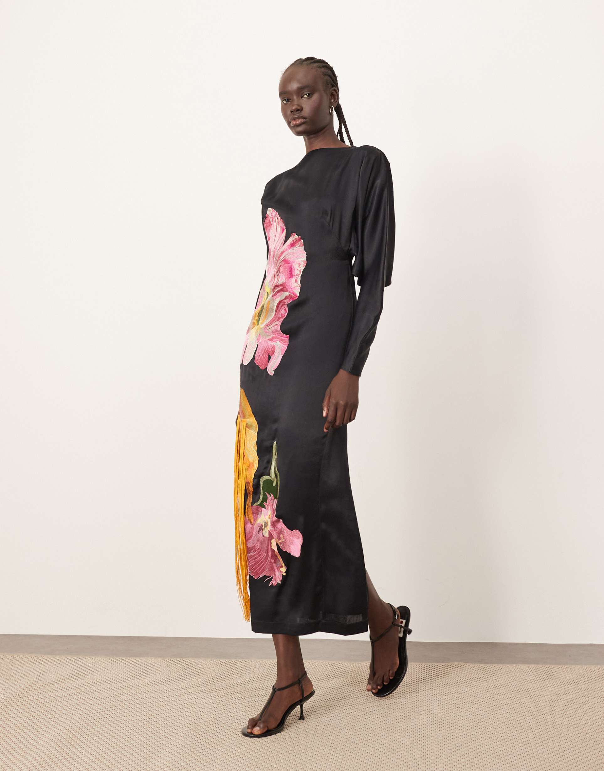 arrange dripping floral embroidered strong shoulder open back maxi dress in black