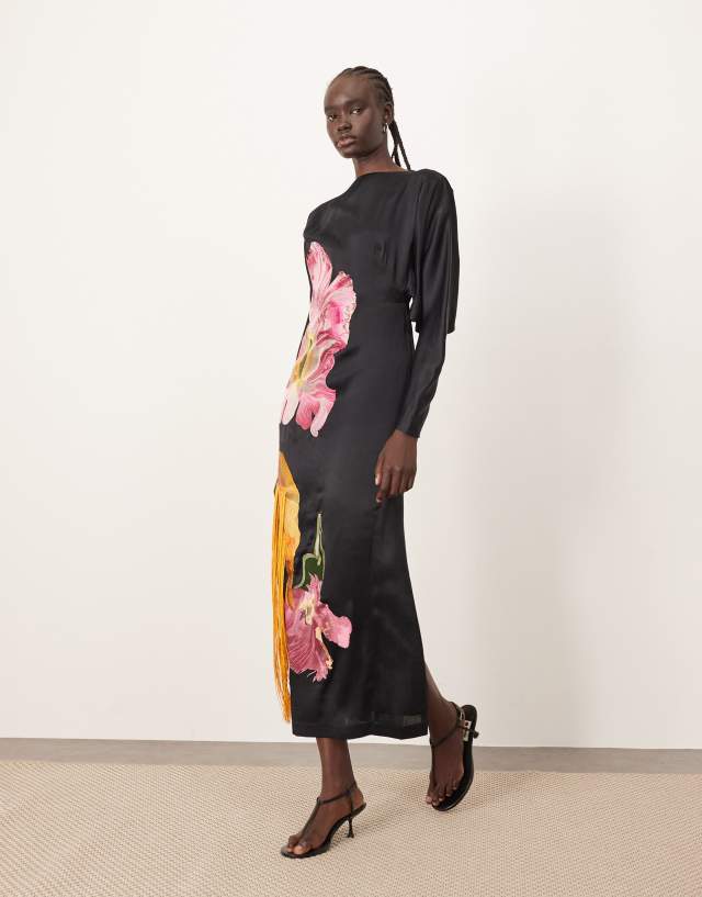 black maxi dress with floral embroidery ARRANGE dripping embroidered strong shoulder open back in Colour:DUCKLING May be worn with woven dress Ultimate Vegas Bachelorette Outfits:
