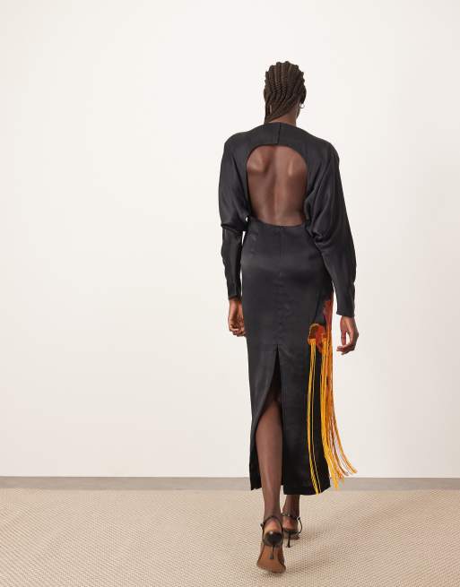 ARRANGE dripping floral embroidered strong shoulder open back maxi dress in  black | ASOS
