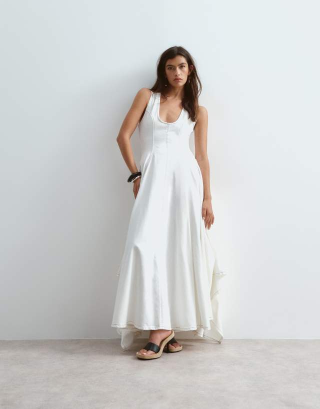 white denim maxi dress ARRANGE drop neck pleated hanky hem in bone Womens denim Eileen Fisher Classic Collar Neutrals It holds its shape Kids Sizes:10y